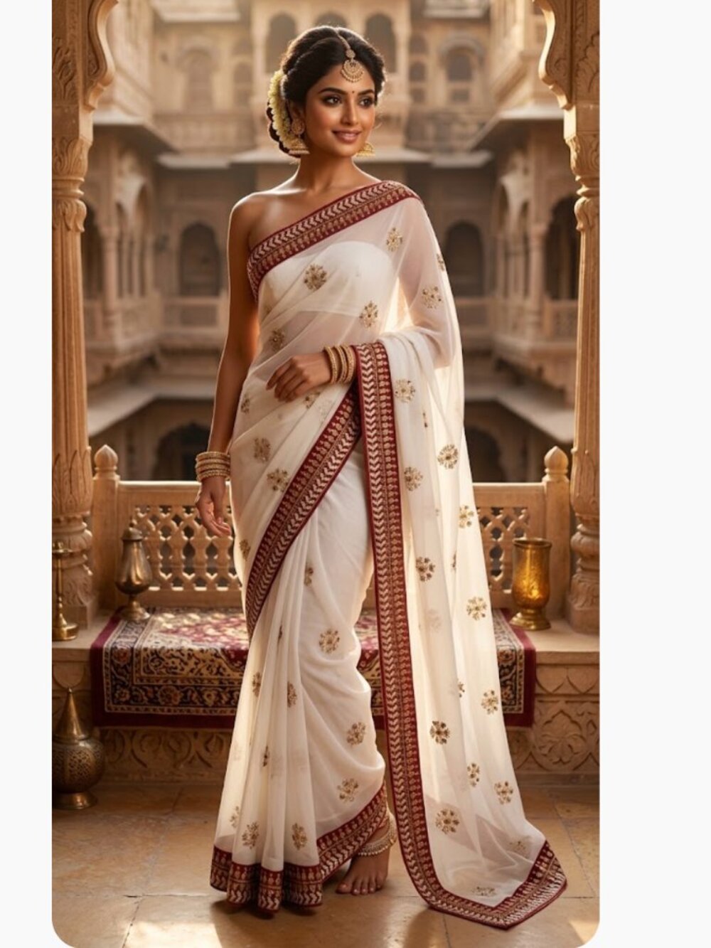 NEW Chiffon White Embroidered Saree Maroon Gold White Border Floral Sequined
